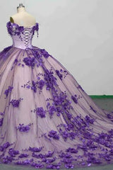 Quinceanera Princess Dress in Purple Tulle with Off-the-Shoulder Applique