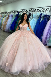 Princess Quinceanera Dress in Pink with Tulle Applique and Spaghetti Straps, Featuring a Bow