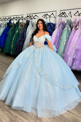 Off-the-Shoulder Sky Blue Tulle Quinceanera Dress with Beaded Details