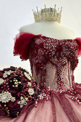 Princess Quinceanera Dress in Red with Off-the-Shoulder Bow Applique