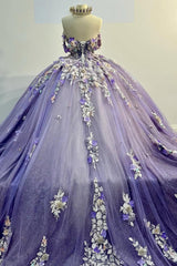 Princess Quinceanera Dress with Sparkly Purple Appliques and Off-the-Shoulder Design