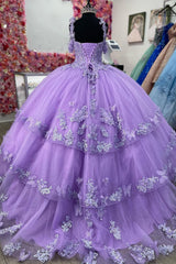 Quinceanera Dress with Sparkly Purple Spaghetti Straps and Ball Gown Applique