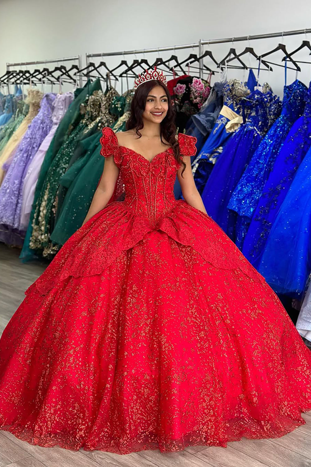 Quinceanera Dress in Sparkly Red with Off-the-Shoulder Design and Applique Details