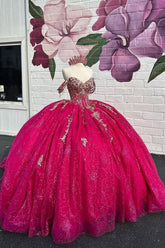 Princess Off-the-Shoulder Quinceanera Dress in Fuchsia with Applique and Train