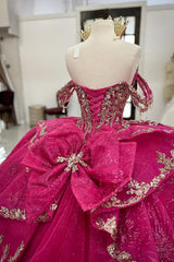 Princess Off-the-Shoulder Quinceanera Dress in Fuchsia with Applique and Train