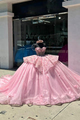 Sweetheart Ball Gown in Pink with Organza Applique and Train for Quinceanera