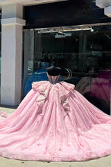 Sweetheart Ball Gown in Pink with Organza Applique and Train for Quinceanera