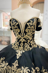 Black Sparkle Princess Quinceanera Dress with Gold Appliques, Off-the-Shoulder