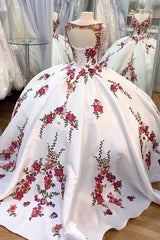 Red Applique Quinceanera Ball Gown in White Satin with V-neck and Fringe