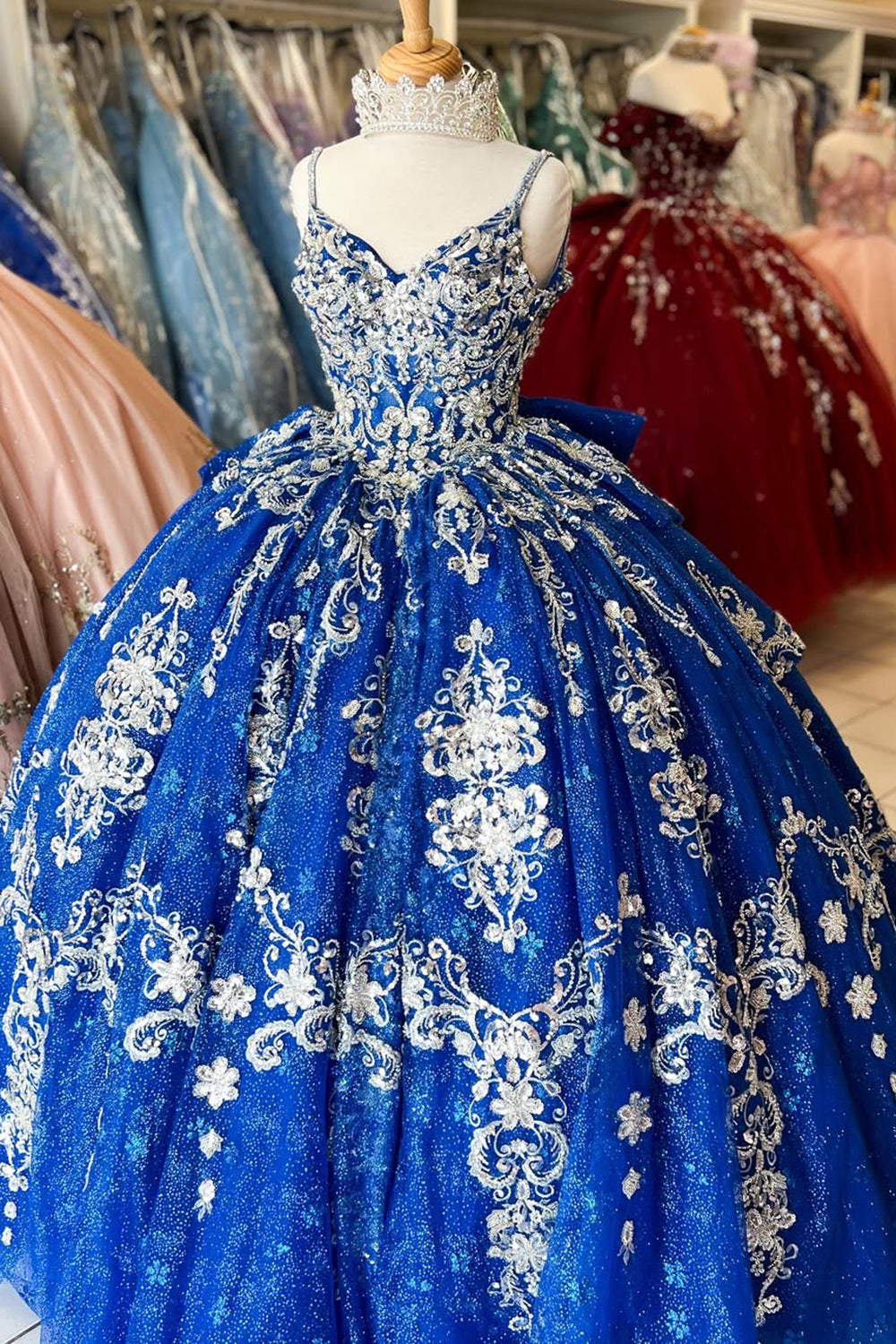Royal Blue Sparkle Applique Ball Gown with Bow and Spaghetti Straps for Quinceanera