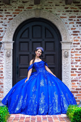 Princess Quinceanera Dress in Royal Blue with Off-the-Shoulder Sequins and Tulle Train