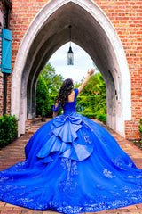 Princess Quinceanera Dress in Royal Blue with Off-the-Shoulder Sequins and Tulle Train