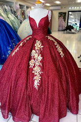 Burgundy Sparkle Princess Quinceanera Dress with Sequins and Appliques on Spaghetti Straps