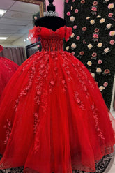 Red Sparkle Off-Shoulder Tulle Quinceanera Dress with Applique