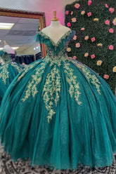 Green Glitter Gold V-Neck Ball Gown with Applique for Quincea?era