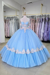 Off-the-Shoulder Blue Applique Tulle Ball Gown for Quinceanera