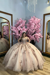 Champagne Off-the-Shoulder Sparkly Ball Gown with Sequins Applique and Tulle Train for Quinceanera