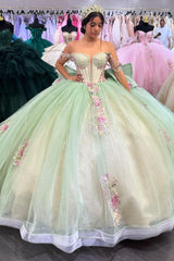 Princess Quinceanera Dress in Light Green with Off-the-Shoulder Applique and Tulle Bow