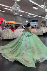 Princess Quinceanera Dress in Light Green with Off-the-Shoulder Applique and Tulle Bow