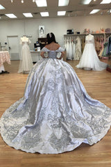 Silver Sparkle Off-Shoulder Satin Princess Quinceanera Dress with Sequins Applique and Train