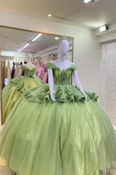Off-the-Shoulder Princess Quinceanera Dress in Sage with Floral Applique and Beaded Tulle