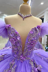 Princess Quinceanera Dress in Purple with Off-the-Shoulder Beaded Applique and Tulle Bow