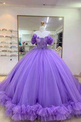 Tulle Quinceanera Ball Gown in Purple with Off-Shoulder Applique and Train