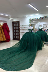 Princess Quinceanera Dress in Dark Green with Off-the-Shoulder Beaded Applique and Tulle Train
