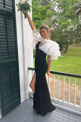 Black Long Prom Dress with V Neck and Front Split in Mermaid Style