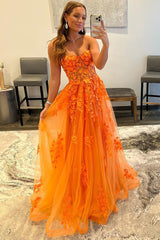 Long Prom Dress in Orange with Sweetheart Neckline and Appliques