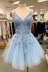 Blue Spaghetti Straps Homecoming Dress/Mini Dress With Appliques