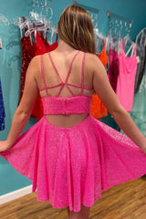 Sparkly Hot Pink Open Back Sequins A-Line Short Homecoming Dress/Mini Dress