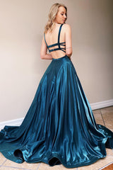 A-Line Prom Dress with Navy Satin Spaghetti Straps