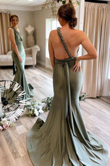 Light Green Mermaid Bridesmaid Dress with Deep V Neck and Open Back
