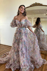 Elegant Off-the-Shoulder Pink Floral Corset Prom Dress with A-Line Silhouette and Sweep Train