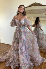 Elegant Pink Floral Printed Off-the-Shoulder Corset Prom Dress with Sweep Train