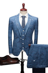 Ocean Blue Notched Lapel Print Designer Wedding Suits for Men