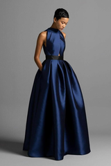 Halter Sleeveless High Waist Long Formal Dress With Pocket Pleated