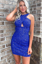Glitter Royal Blue Halter Backless Sequins Tight Homecoming Dress/Mini Dress