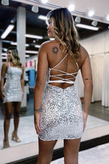 Sparkly Silver Lace-Up Sequins Tight Short Homecoming Dress/Mini Dress