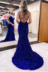 Long Backless Prom Dress with Sparkly Blue Mermaid Sequins