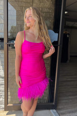 Glitter Fuchsia Feathered Tight Short Homecoming Dress/Mini Dress