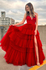 Long Prom Dress with Red Tulle and Spaghetti Straps