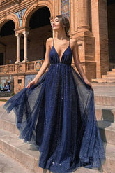 Dark Navy Deep V Neck Backless Spaghetti Strap Long Formal Dress With Sequins