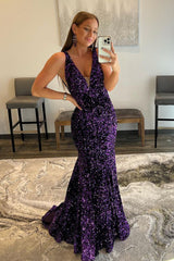Purple Sequined Prom Dress with Deep V Neck and Open Back in Mermaid Style