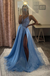 Blue Lace-Up V Neck Spaghetti Strap Long Formal Dress With Slit