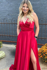 Satin Spaghetti-Strap Red Prom Dress with A-Line Cut and Slit