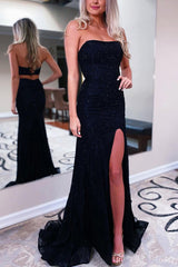 Black Long Mermaid Prom Dress with Slit - Strapless
