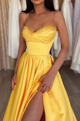 Yellow Long Prom Dress with Spaghetti Straps and Front Split in A-Line Style