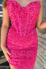 Sparkly Fuchsia Corset Sweetheart Sequins Tight Short Homecoming Dress/Mini Dress